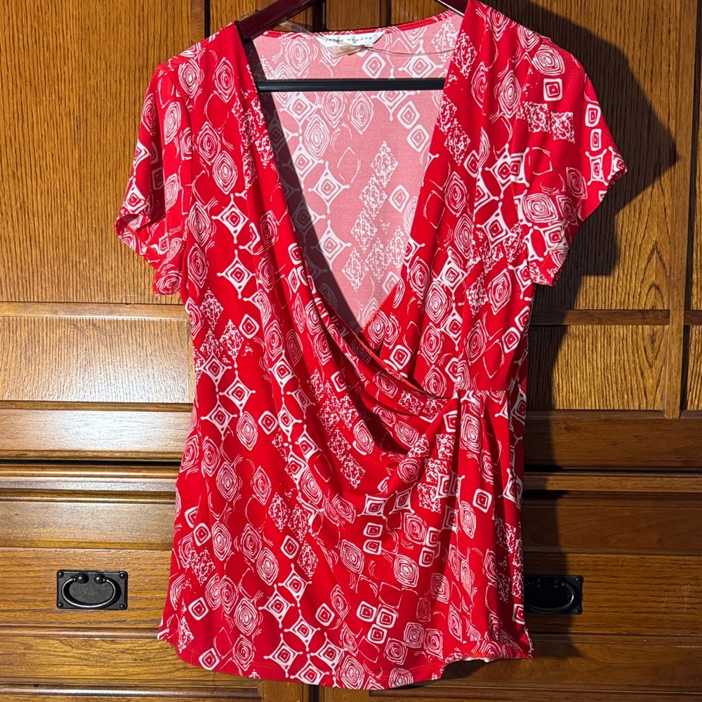 Peter Nygard Faux Wrap V-neck Geometric Print Surplice Crossover Office Boho